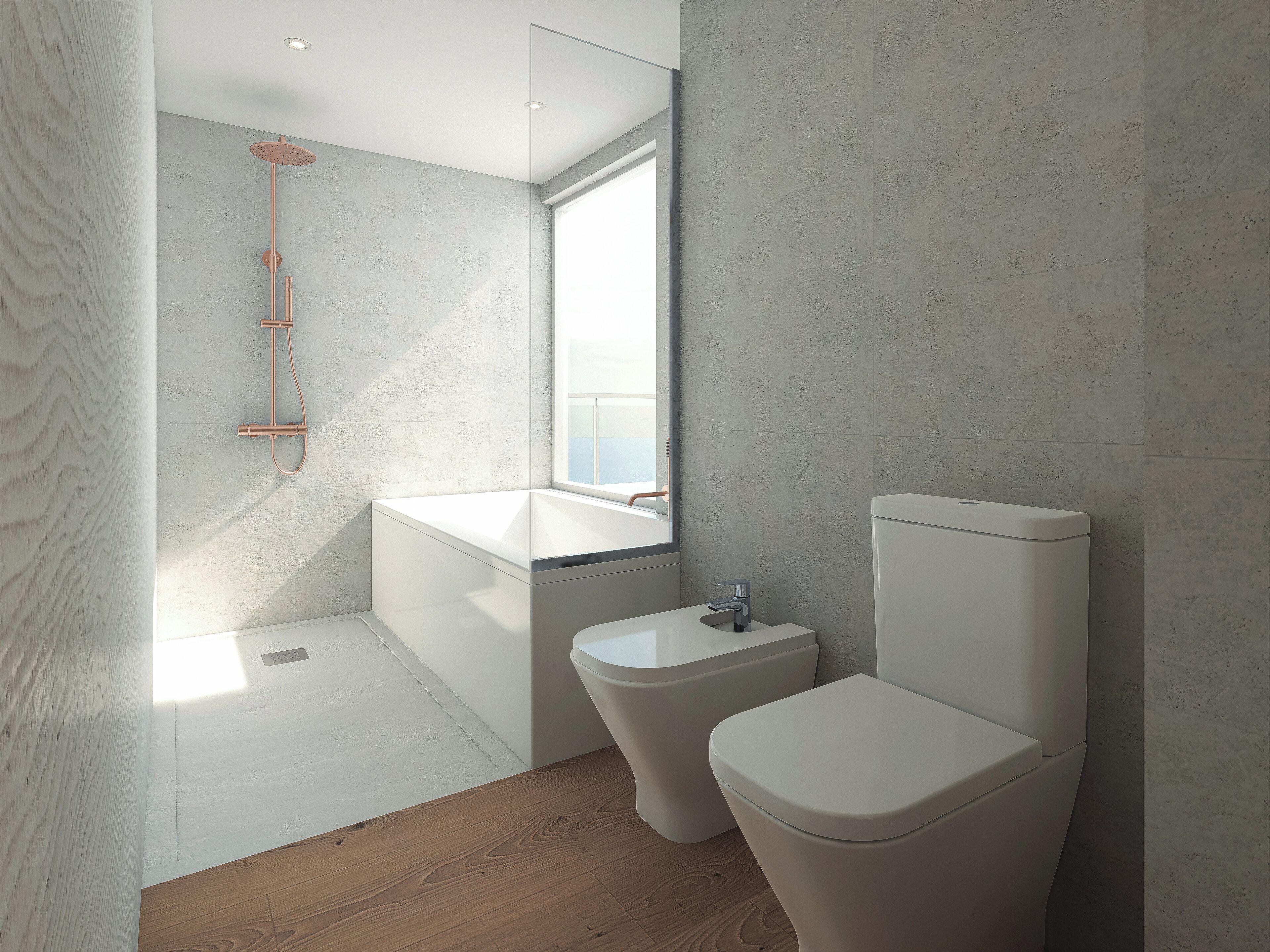 Een moderne badkamer met een bad, toilet en douchetoilet.