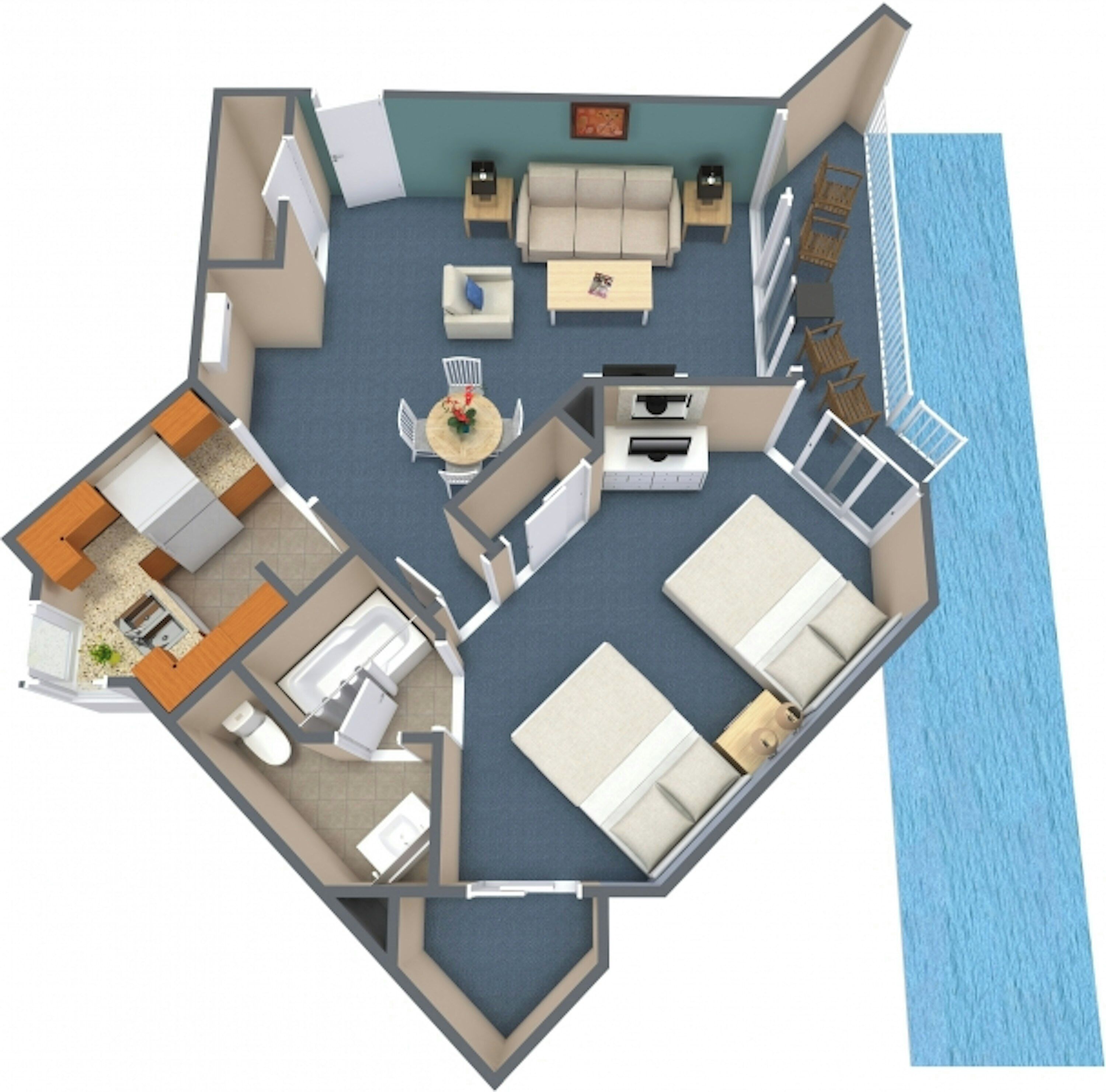 Plano de planta en 3D de una habitación de hotel con balcón, kitchenette, zona de estar con sofá y mesa de centro, y baño independiente.