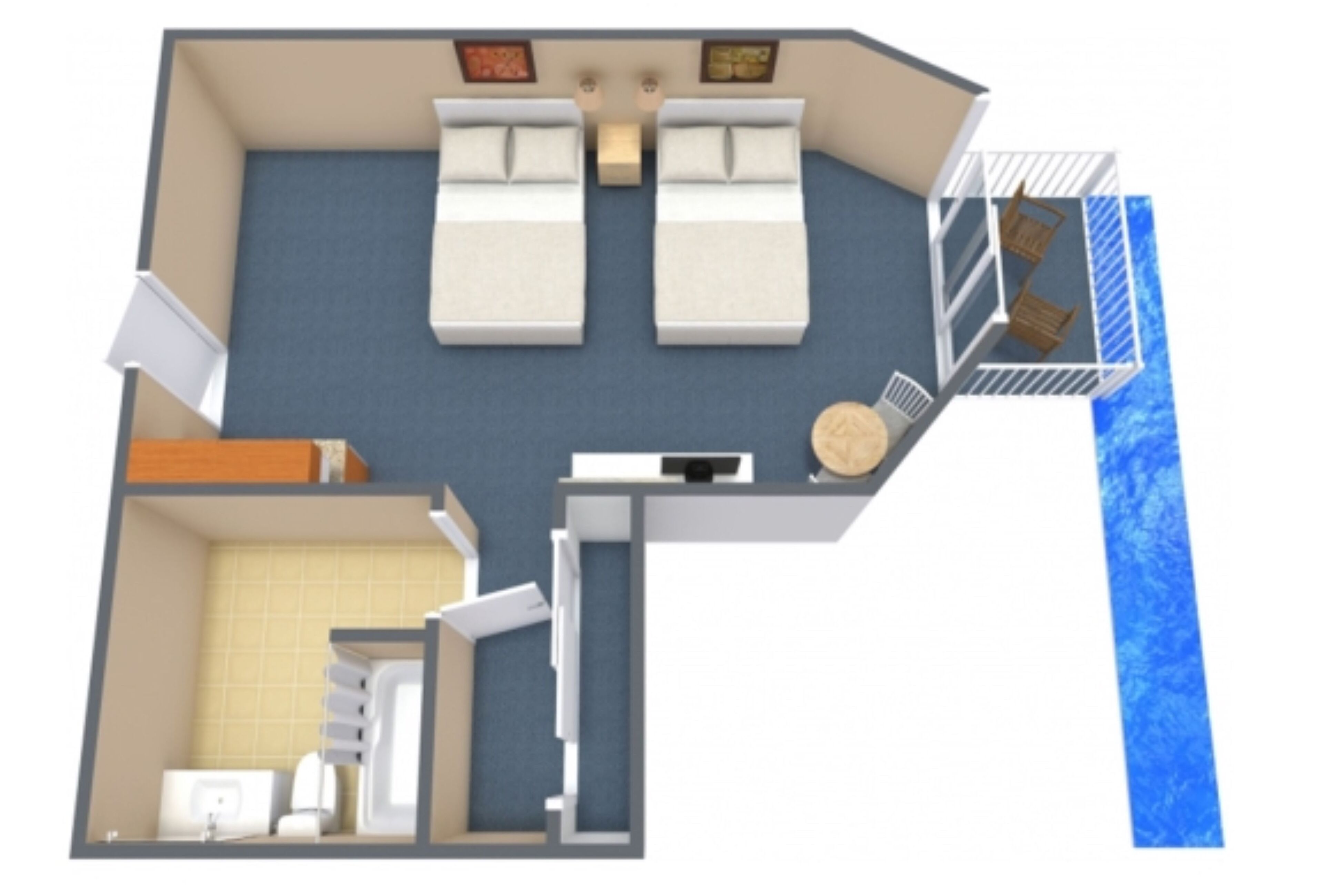 A 2-bedroom suite with a balcony, a bathroom, and a kitchenette.