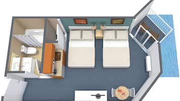 A hotel room with a bed, a small desk, a chair, a table, a sink, and a window with a view of the sea.