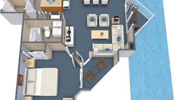 A 3D floor plan of a hotel room with a balcony, a dining area, a kitchen, a bathroom, and a living area.
