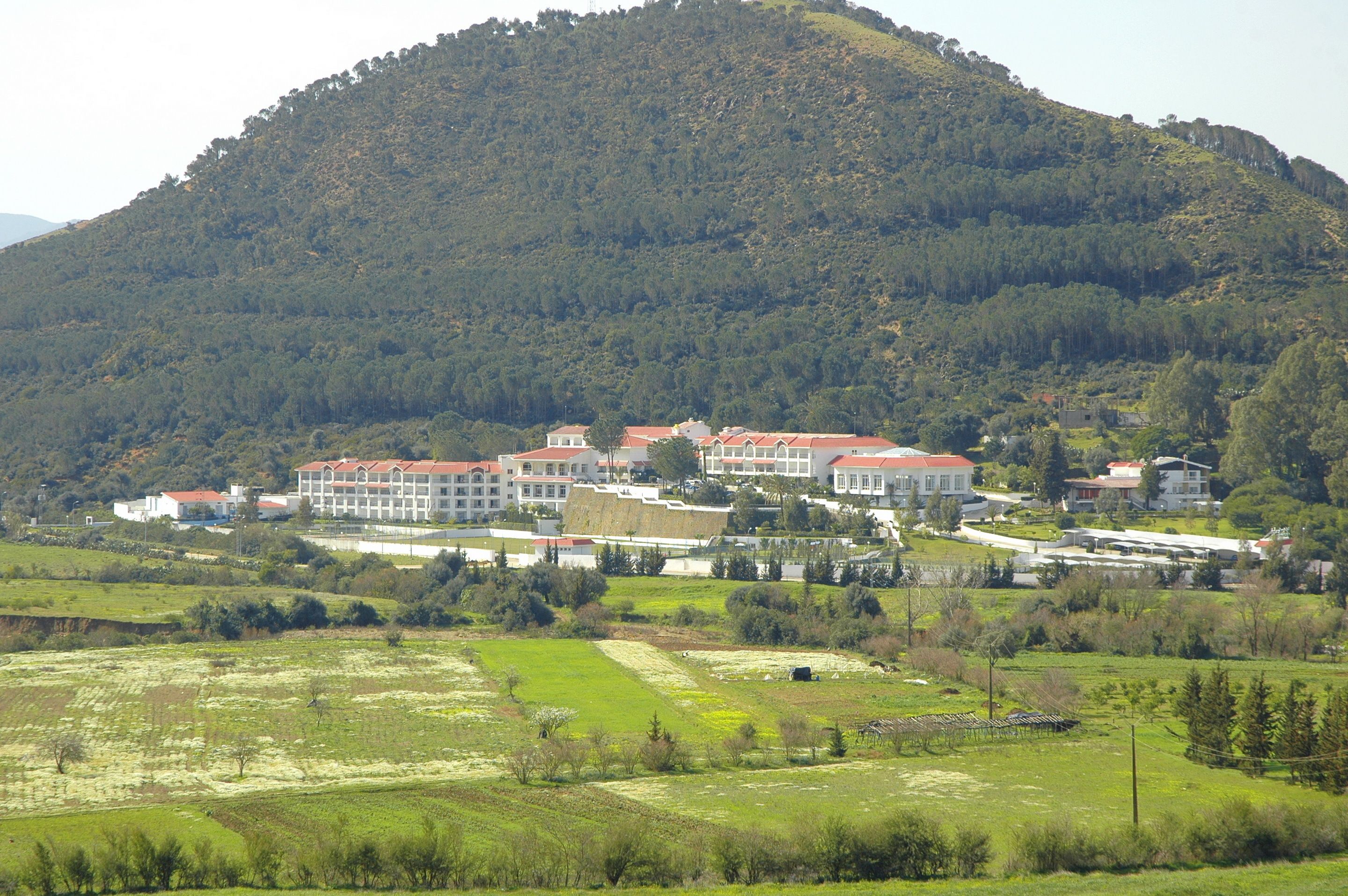 A large building with multiple red-roofed structures, surrounded by green fields and a forested hill.