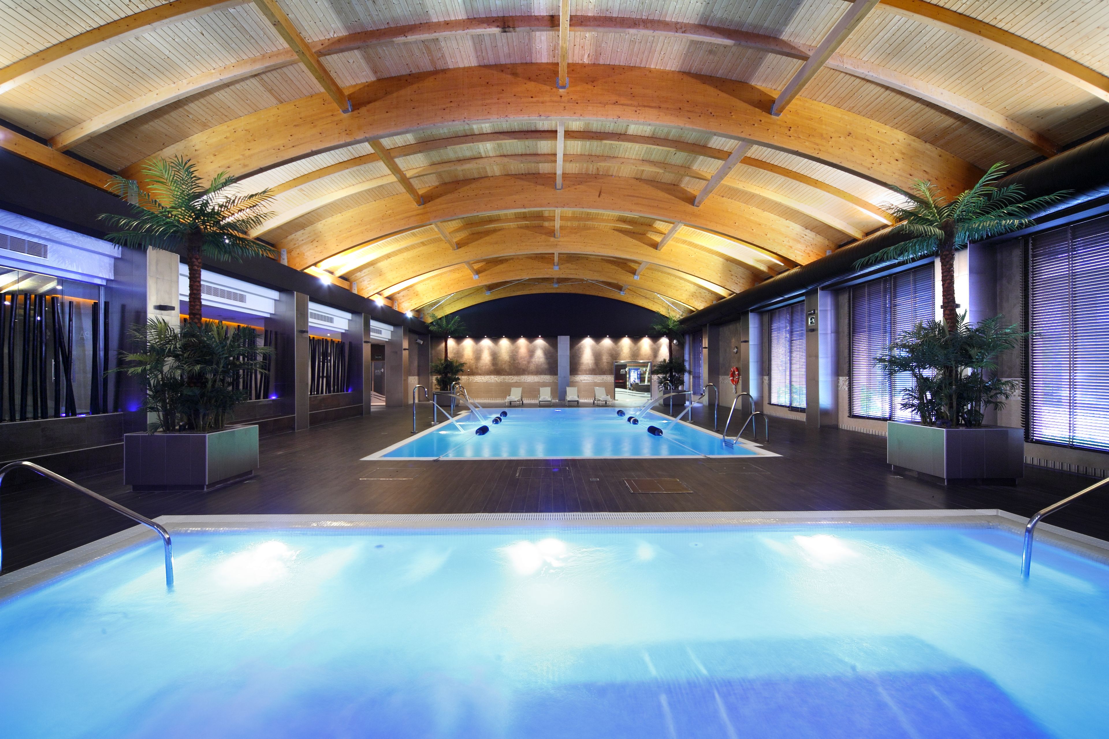 Una piscina interior con techo de madera y plantas en macetas.