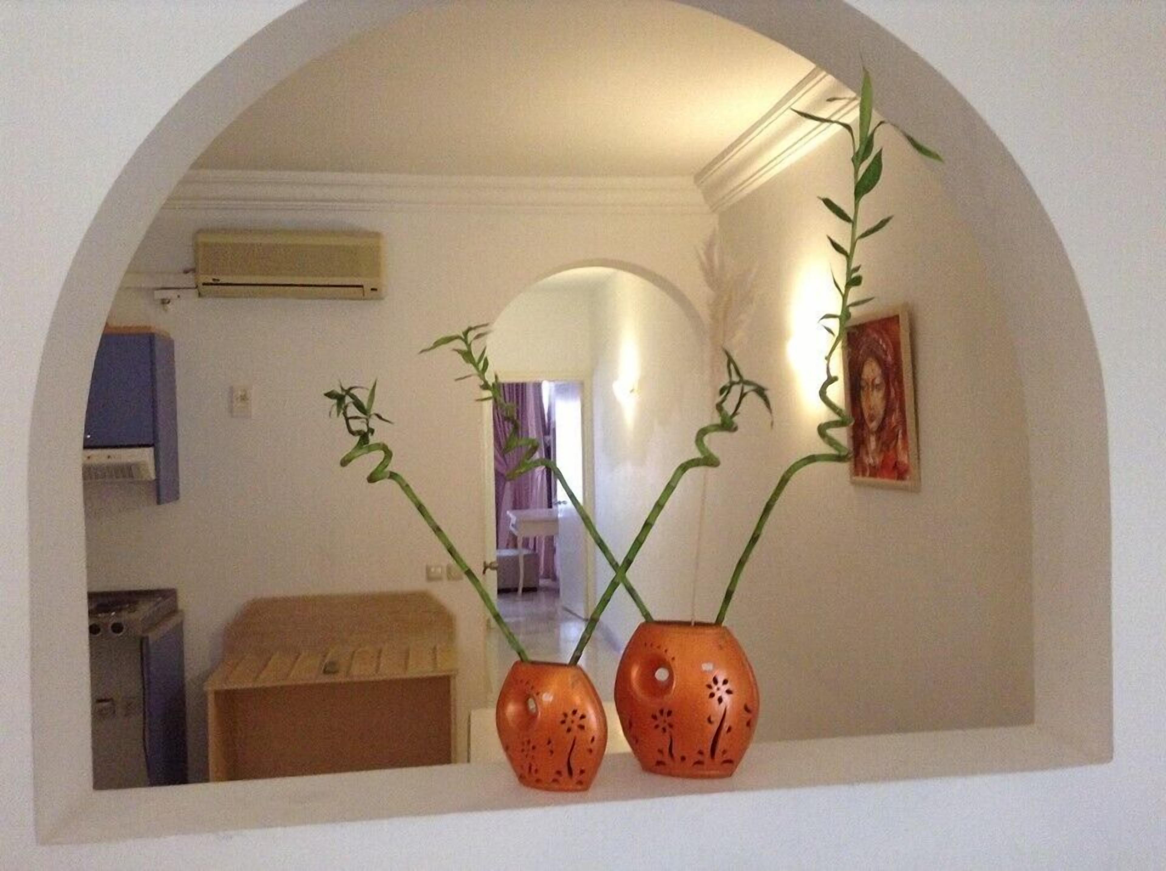 A room with an arched mirror reflecting two orange vases with green plants.