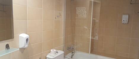 A bathroom with a toilet, sink, and a glass-enclosed shower area.