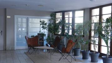 A spacious room with a tiled floor, a dining table with chairs, and several potted plants.