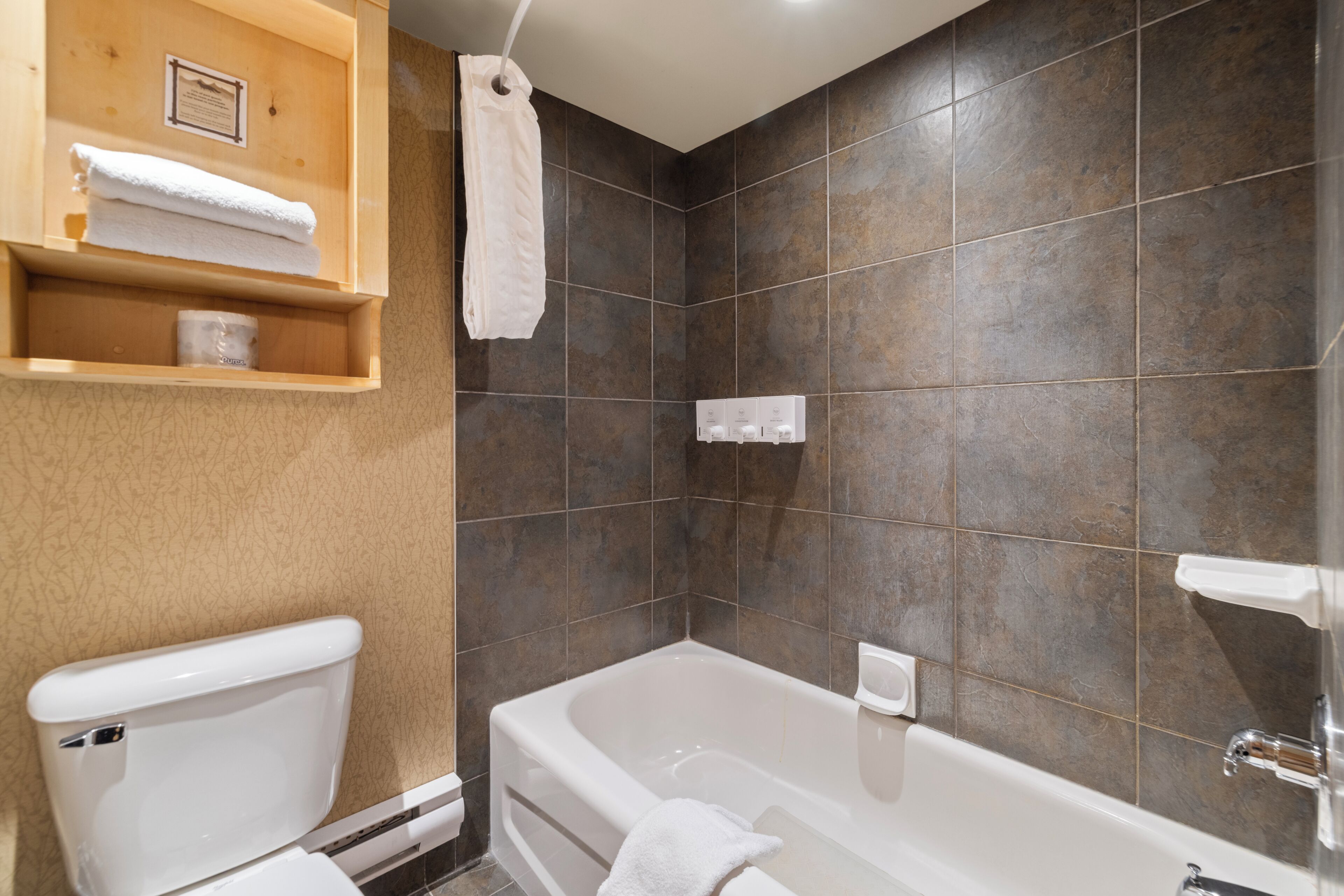 Une salle de bain avec une baignoire, des toilettes et un porte-serviettes.