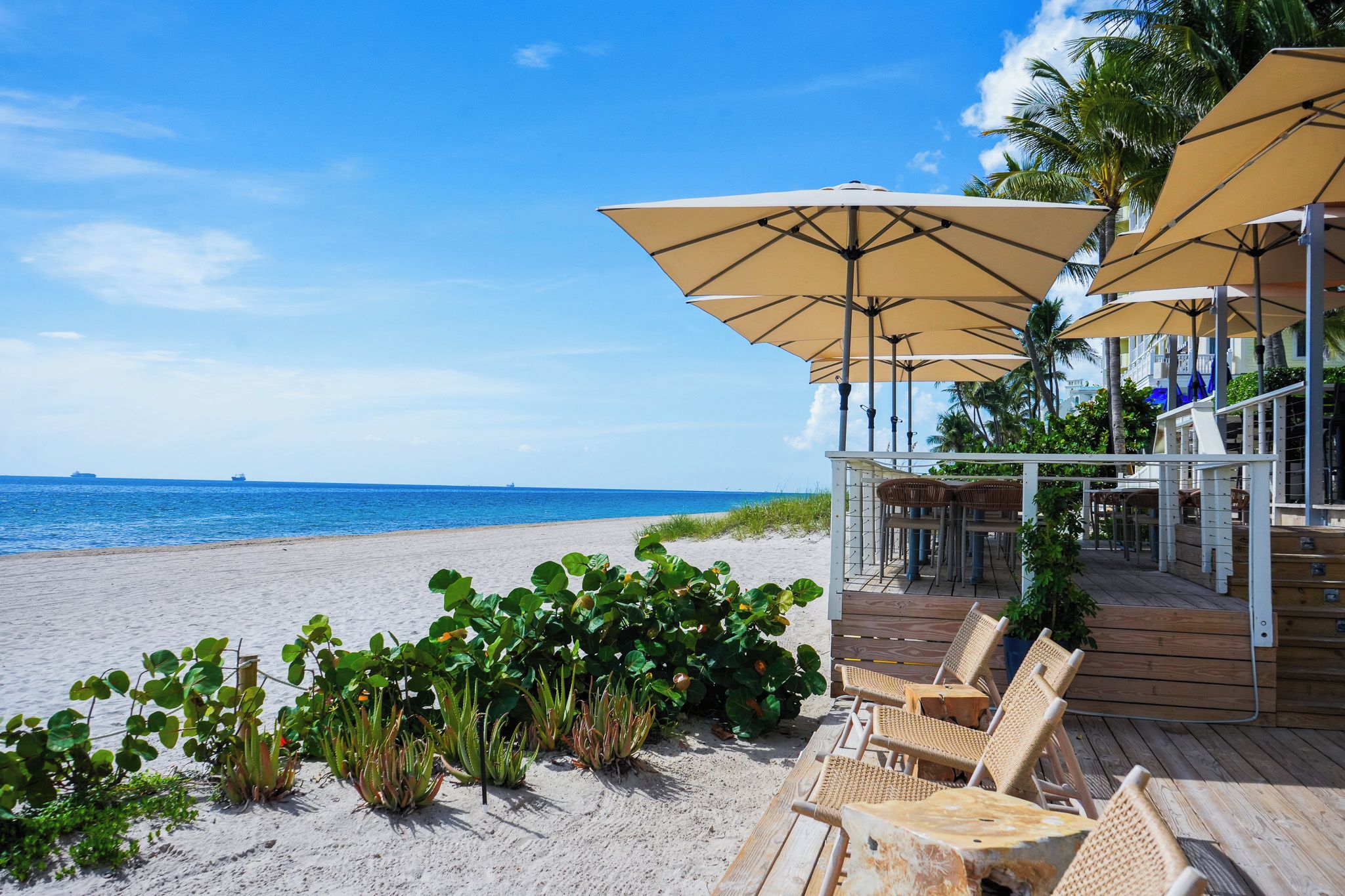 Une terrasse au bord de la plage, avec des chaises longues en bois et des parasols, offrant une vue sur l’océan.