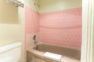 Combined shower/tub, free toiletries, towels