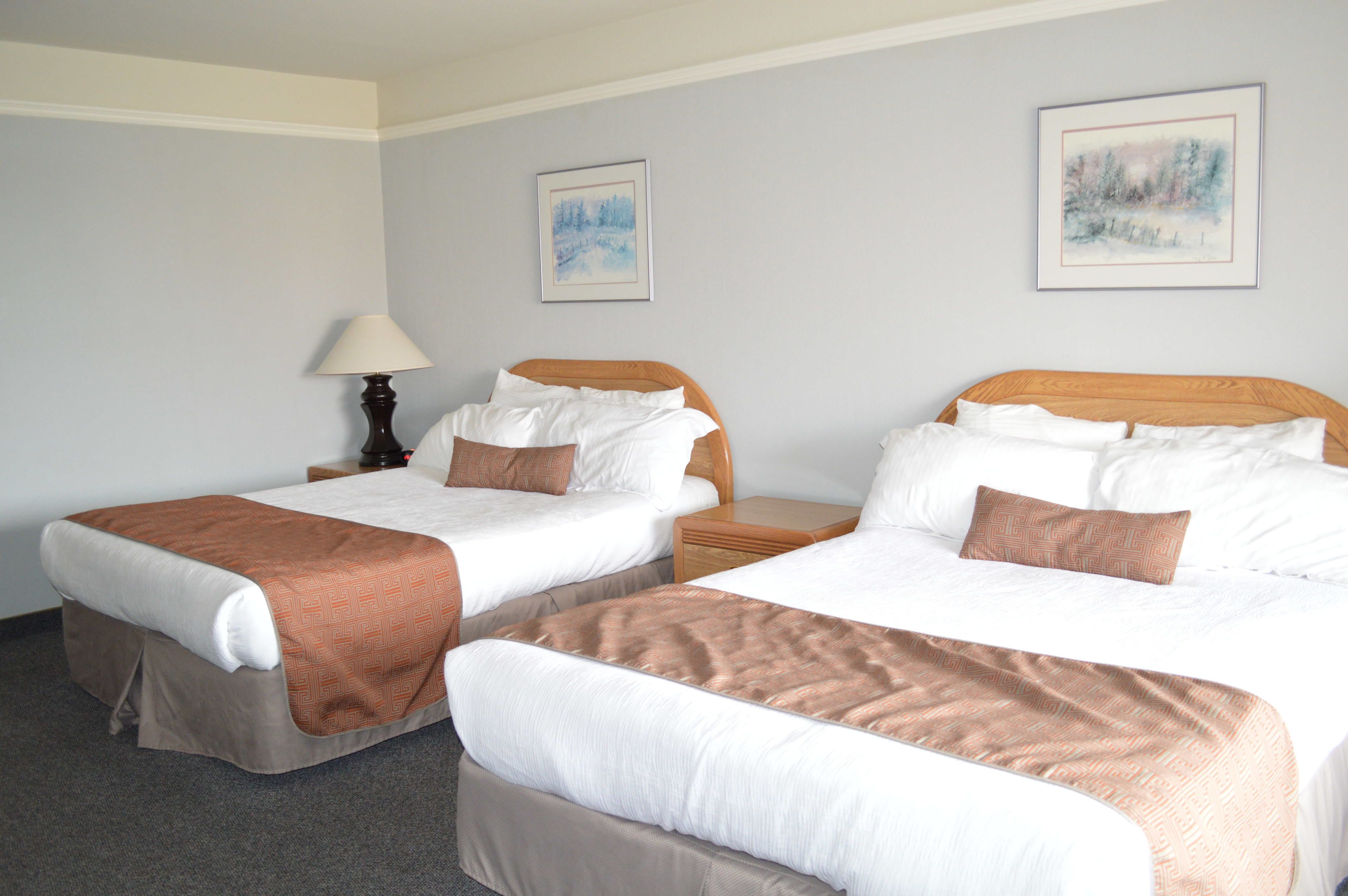 Habitación de hotel con dos camas, una mesita de noche con lámpara y dos cuadros enmarcados en la pared.