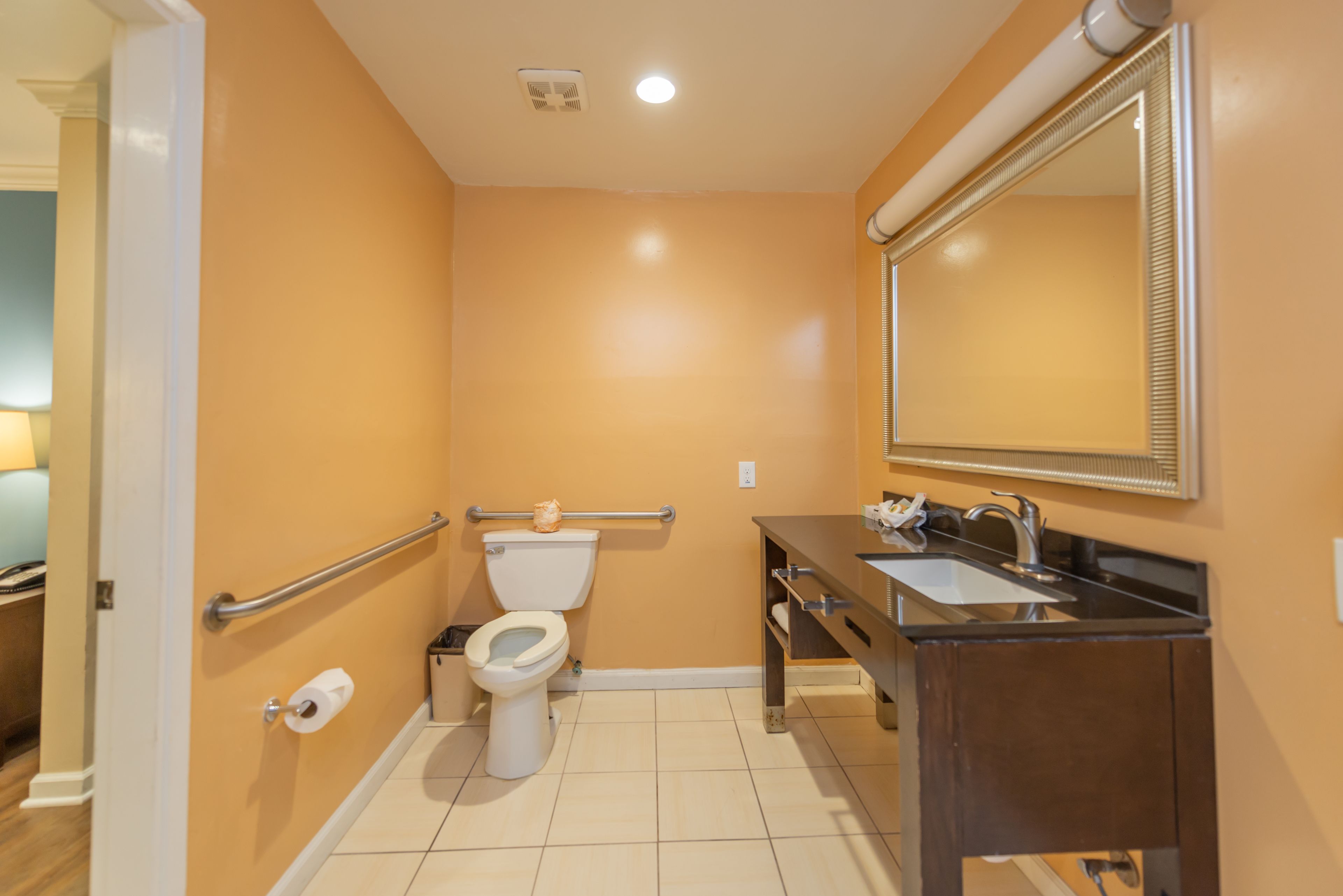 Un baño con inodoro, lavabo, espejo y barra de apoyo.