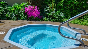 A hot tub with a metal ladder, surrounded by greenery and a concrete deck. - Ocean Pacific Lodge (Santa Cruz)