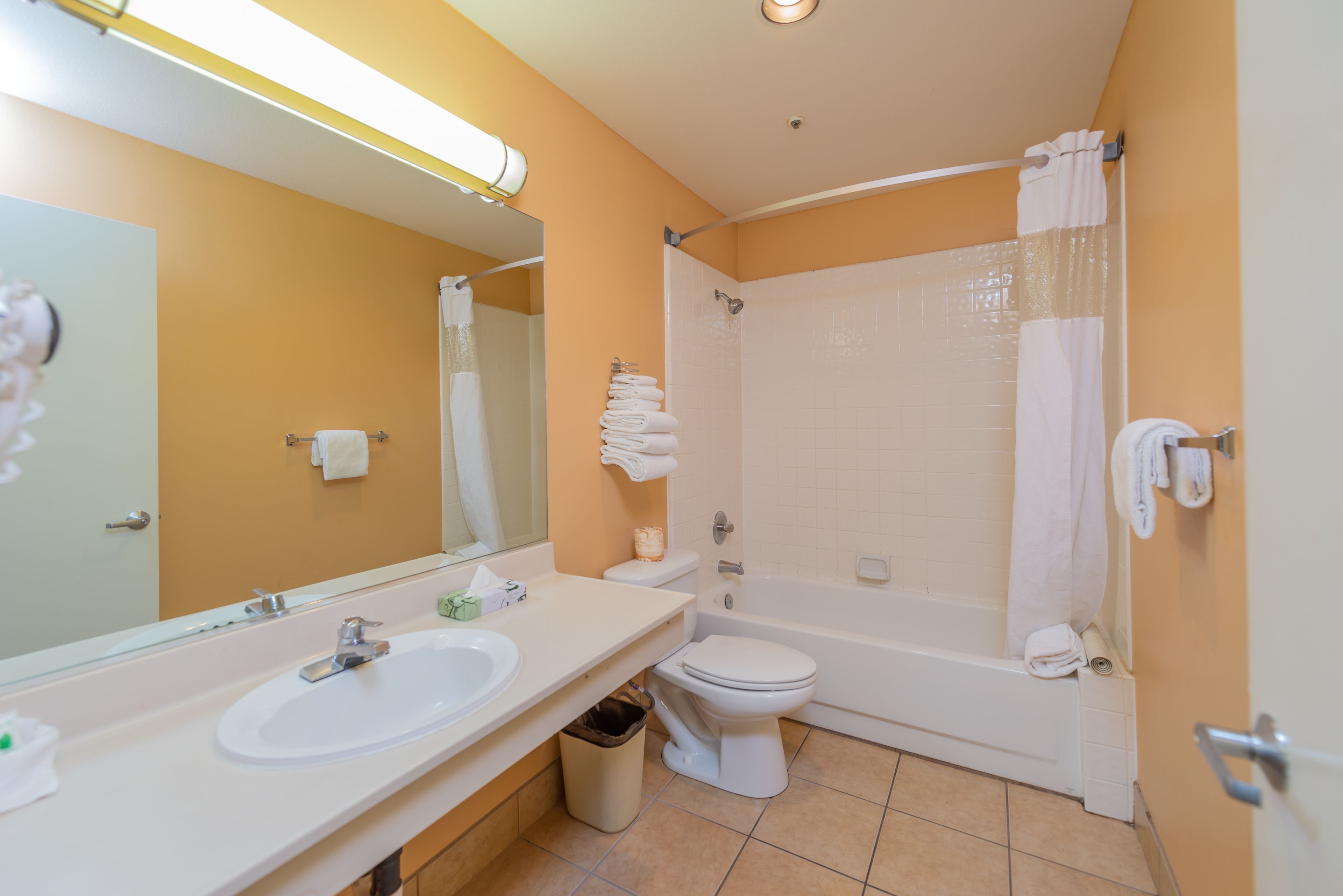 A bathroom with a double sink, toilet, and bathtub.