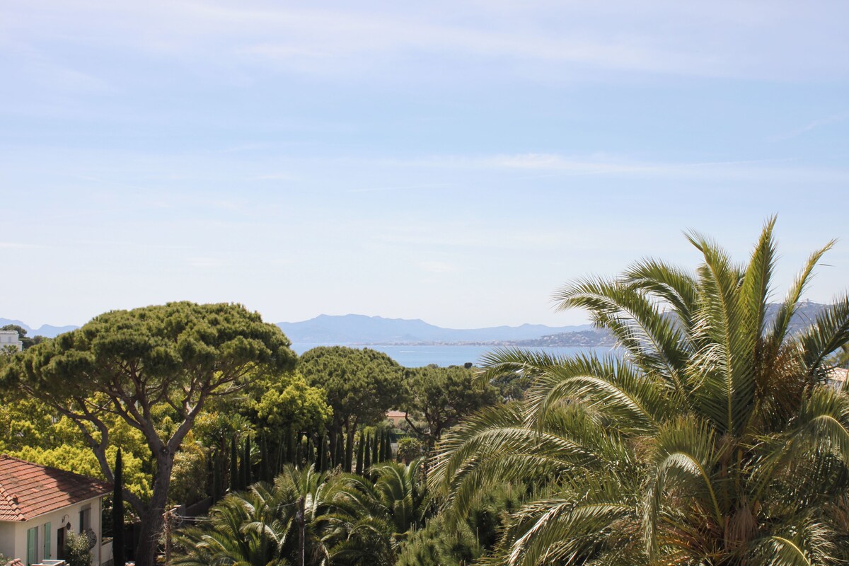 Eine Küstenlandschaft mit Bäumen, einem Gebäude und einem fernen Blick auf Meer und Berge.