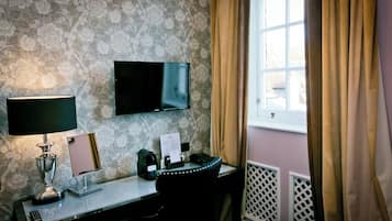 Mansion Single | Desk, laptop workspace, blackout drapes, iron/ironing board