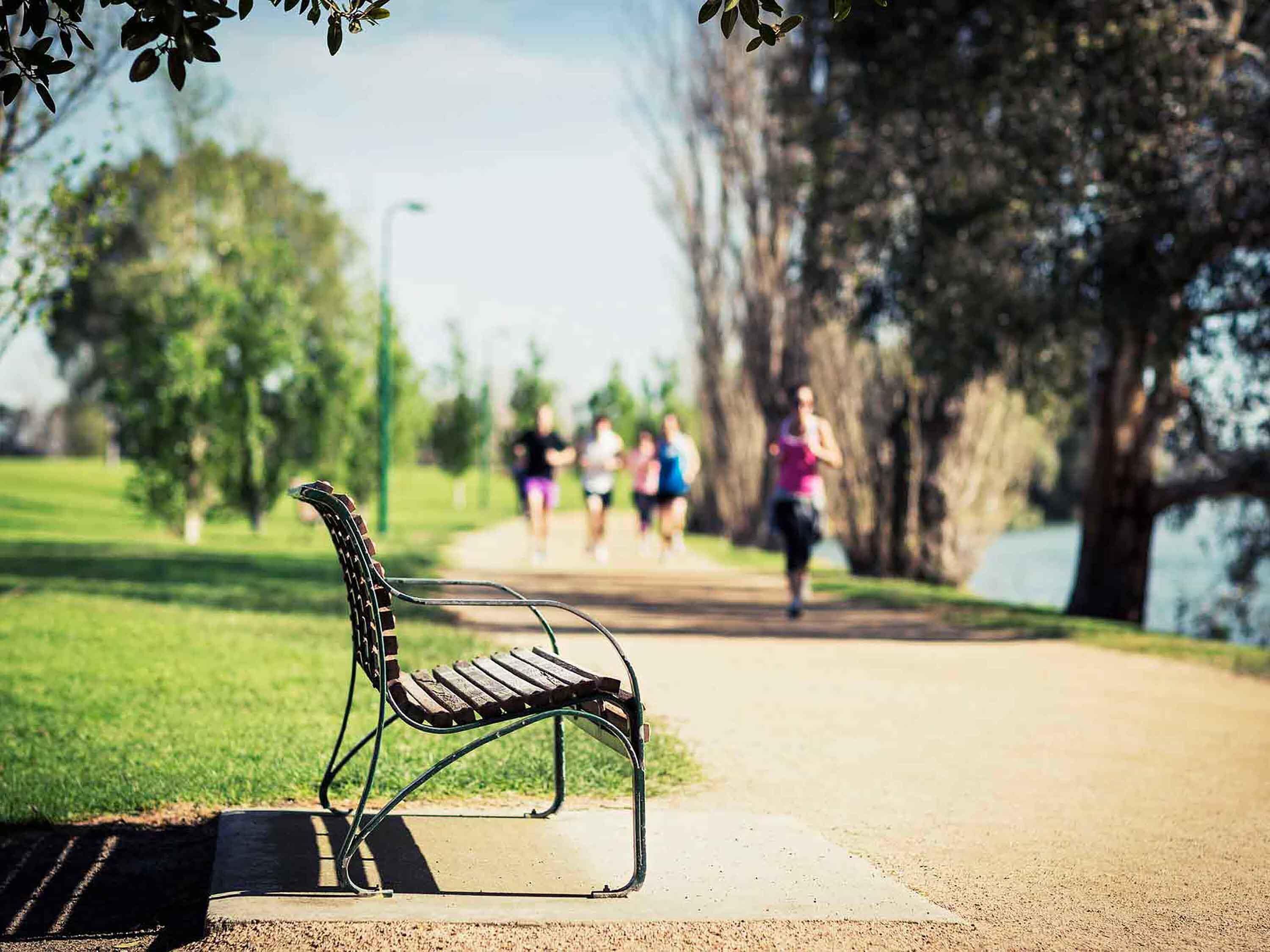 Um banco de parque com estrutura de metal e assento em ripas, localizado em um caminho de concreto.