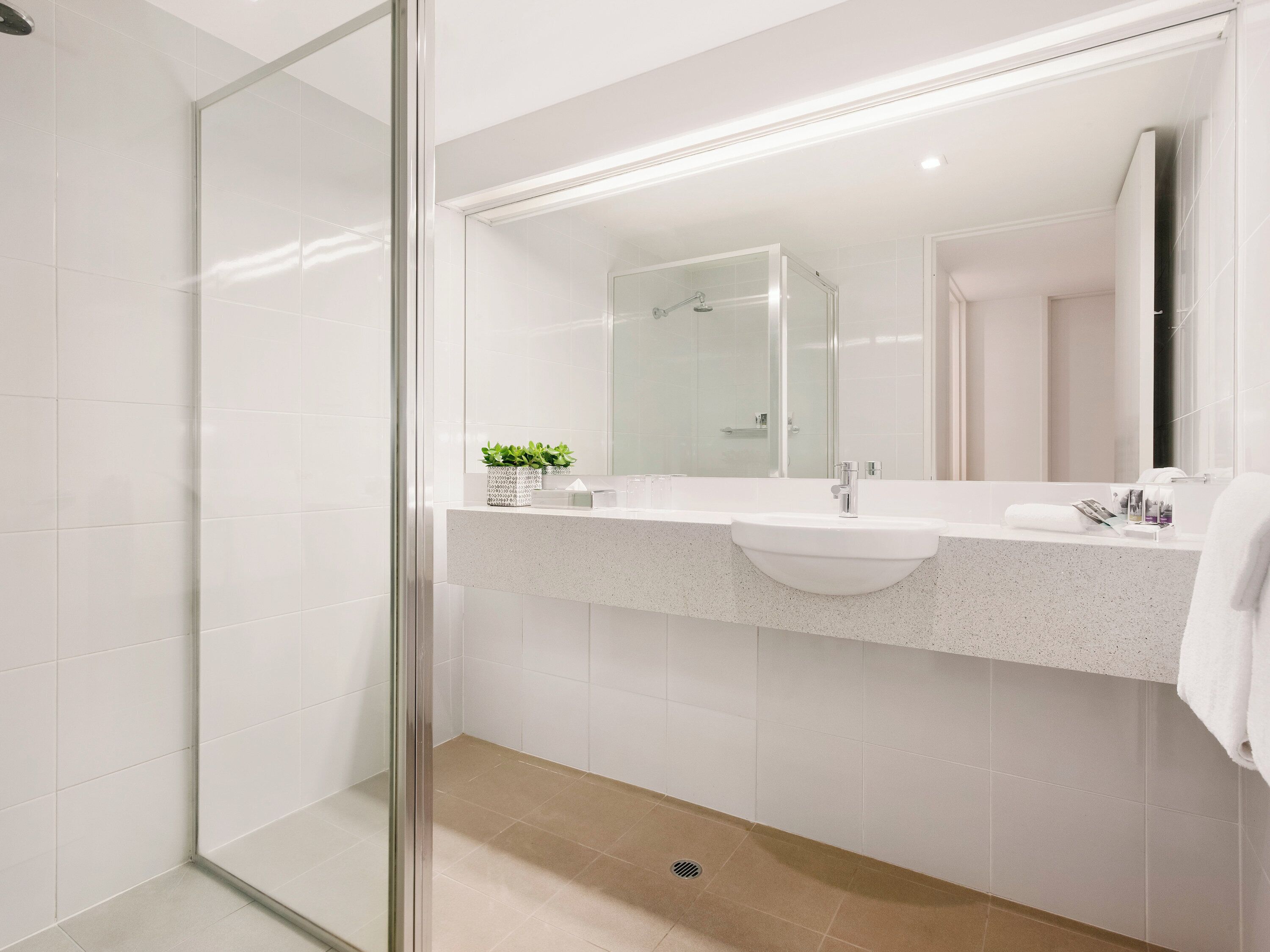 A modern bathroom with a glass shower enclosure, a white sink, and a large mirror.