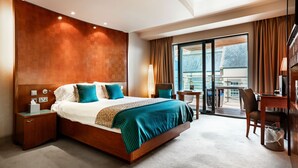 Habitación de hotel con una cama grande, un escritorio, una silla, una mesita y un balcón con vistas.