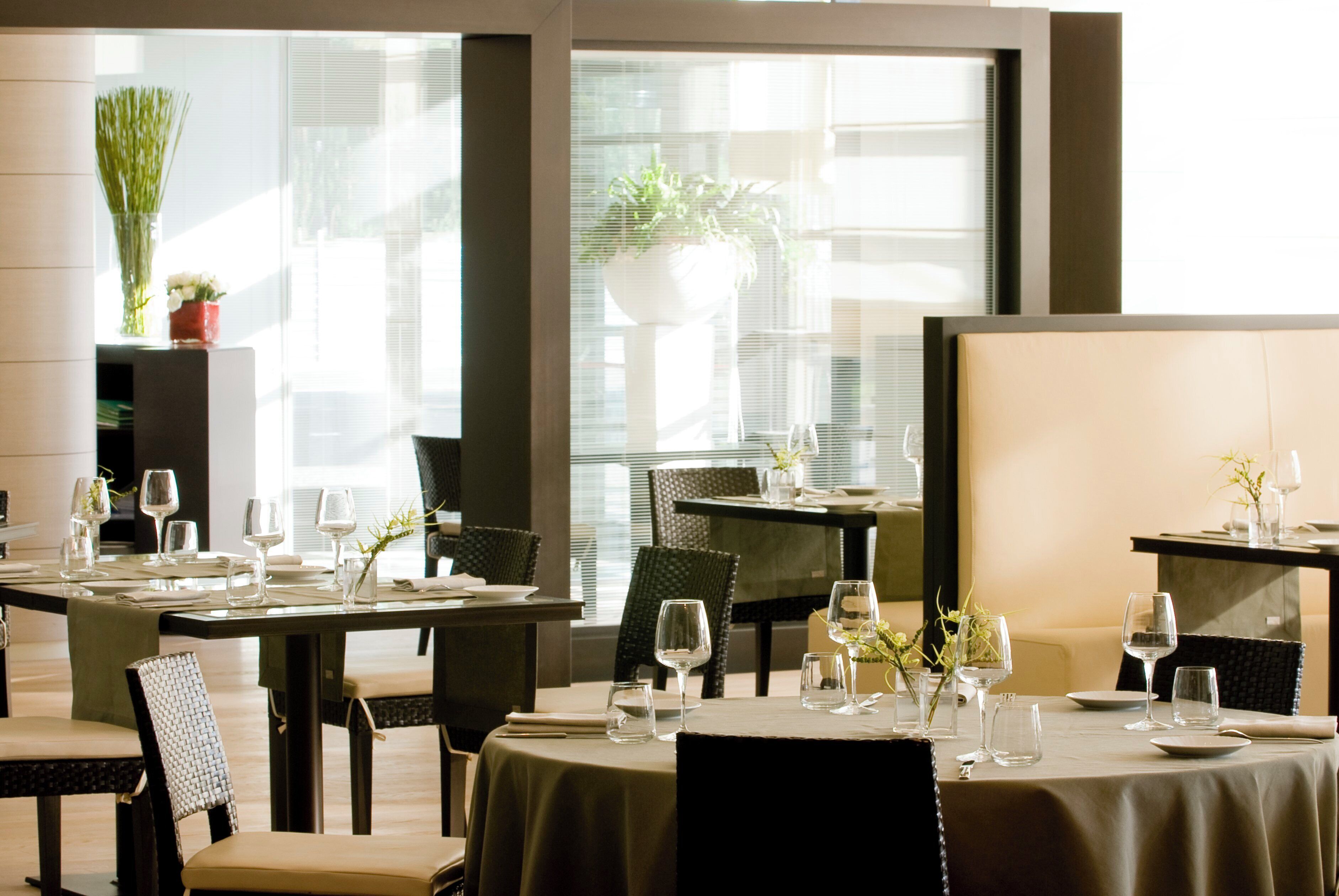 A dining area with tables set for four, each with wine glasses and cutlery. There are chairs with cushioned seats and backrests. A large window provides natural light, and a potted plant is visible on the windowsill.