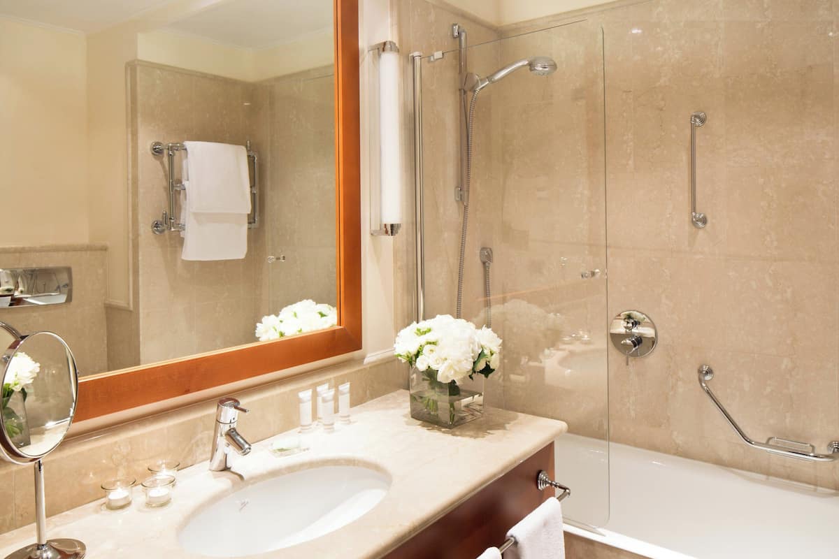 free toiletries, hair dryer, bidet, towels