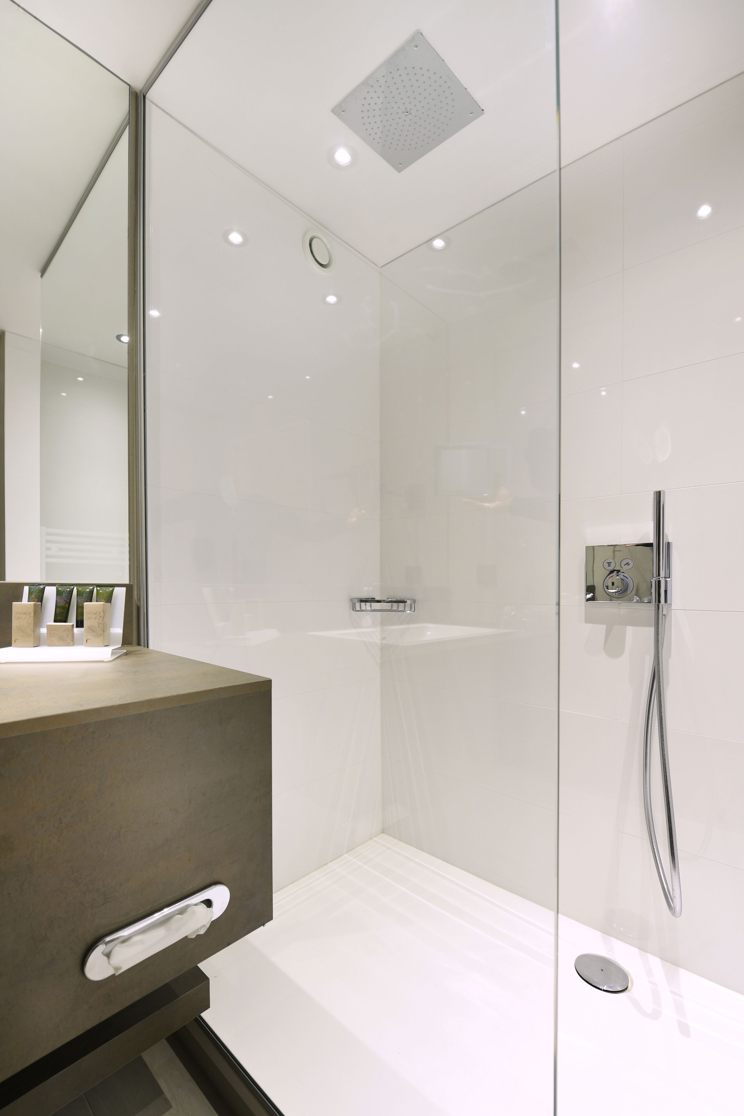 A modern bathroom with a glass shower enclosure, a visible showerhead, and a vanity with a mirror.