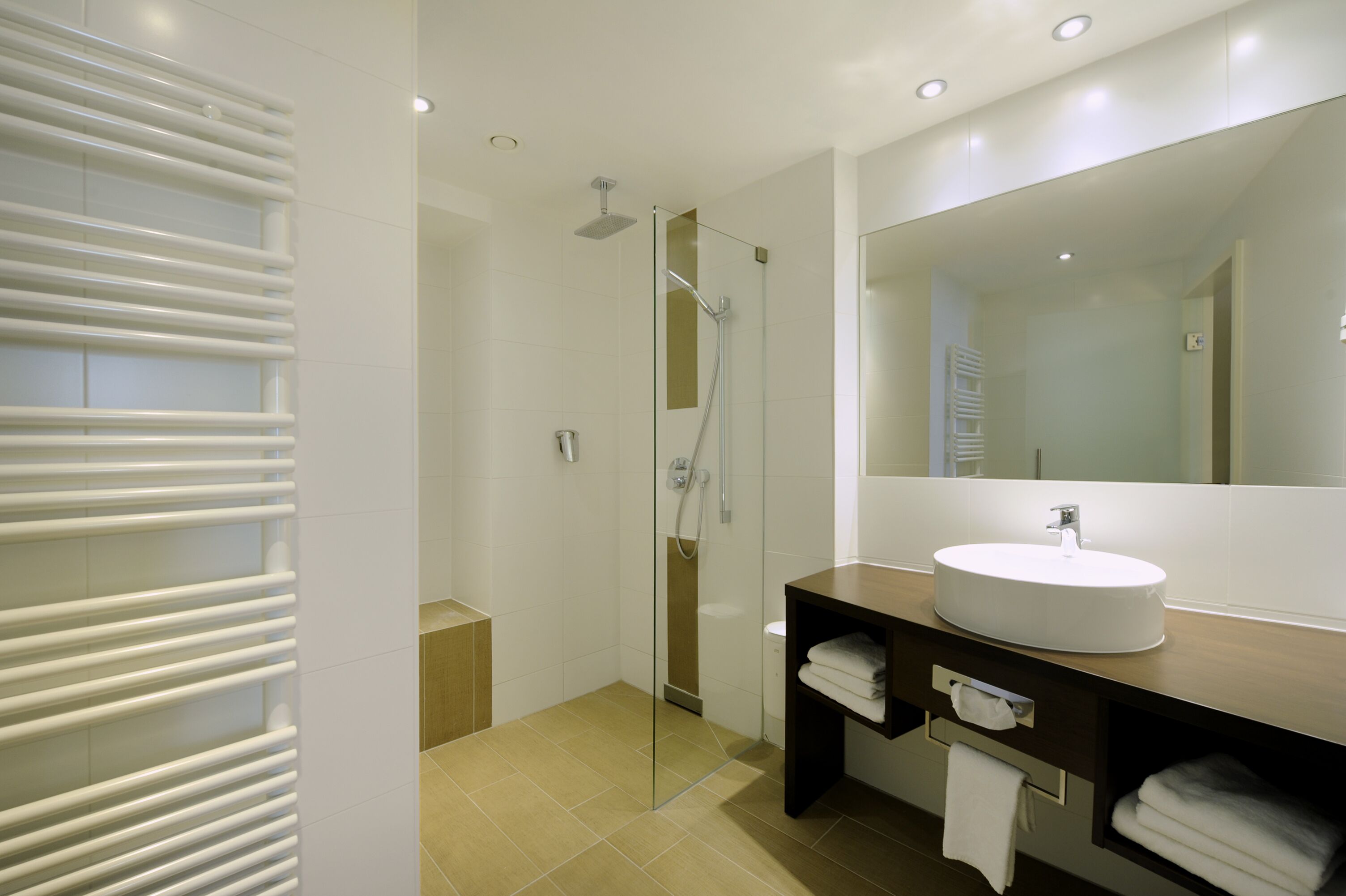 A modern bathroom with a glass-enclosed shower, a white sink, and a large mirror.