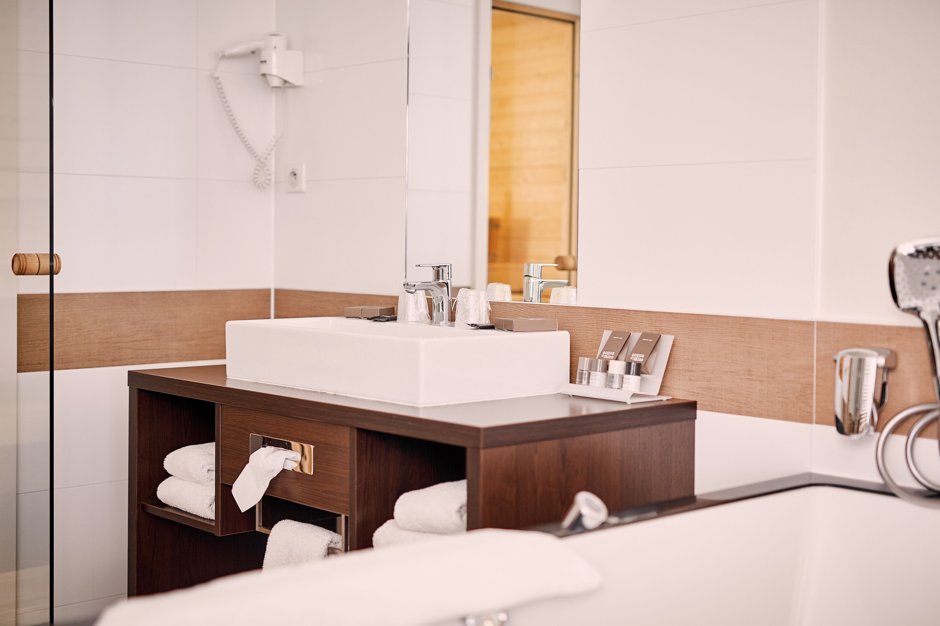 Une salle de bain moderne avec un grand lavabo blanc, un meuble-lavabo en bois et une cabine de douche en verre.