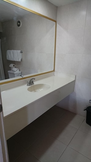 A bathroom with a white sink, a large mirror with a gold frame, and a toilet visible in the reflection.
