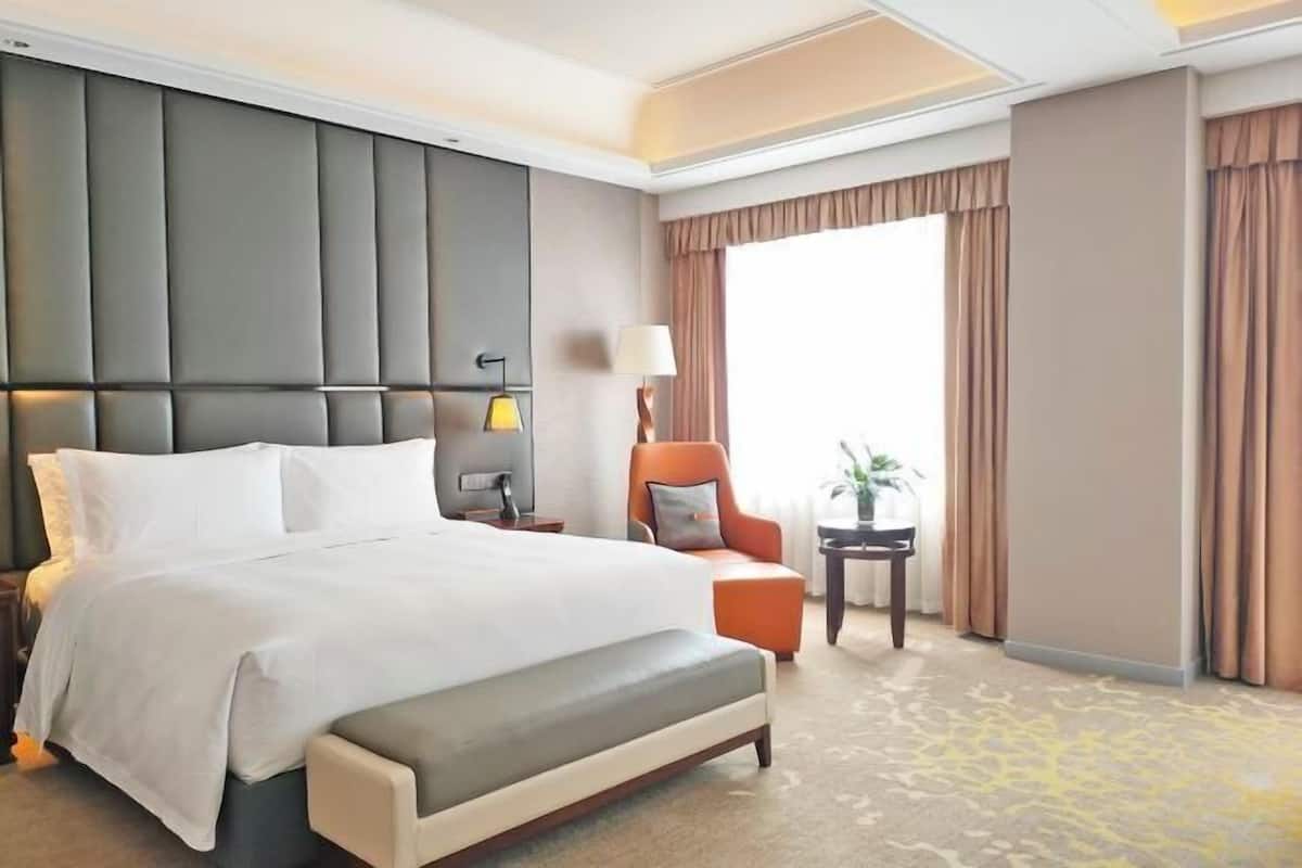 A hotel room with a large bed, a bedside table with a lamp, an armchair, a small table with a plant, and a window with curtains.