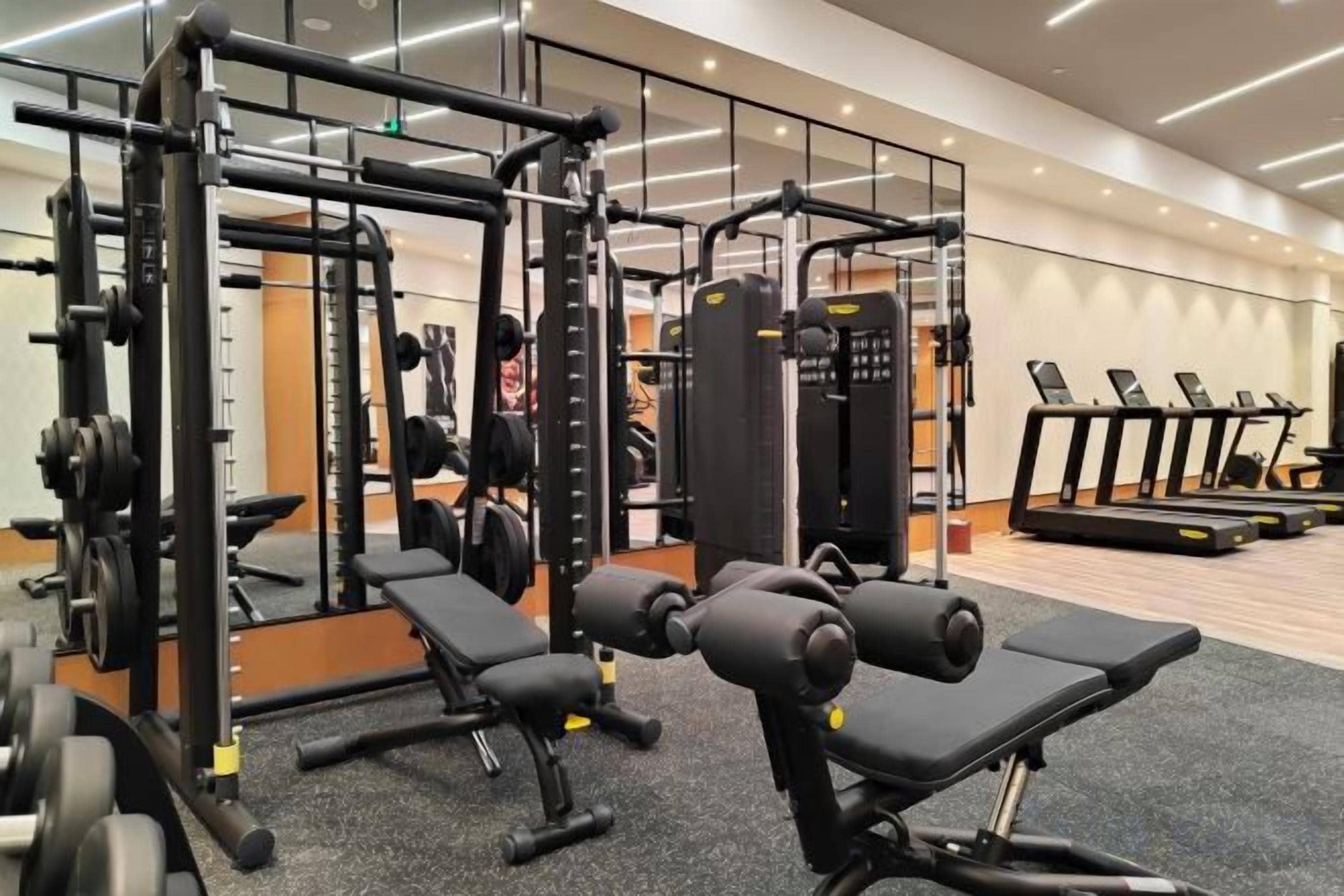 A gym with weightlifting equipment, benches, and treadmills.