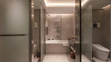 A modern bathroom with a glass shower enclosure, a freestanding bathtub, and a toilet.