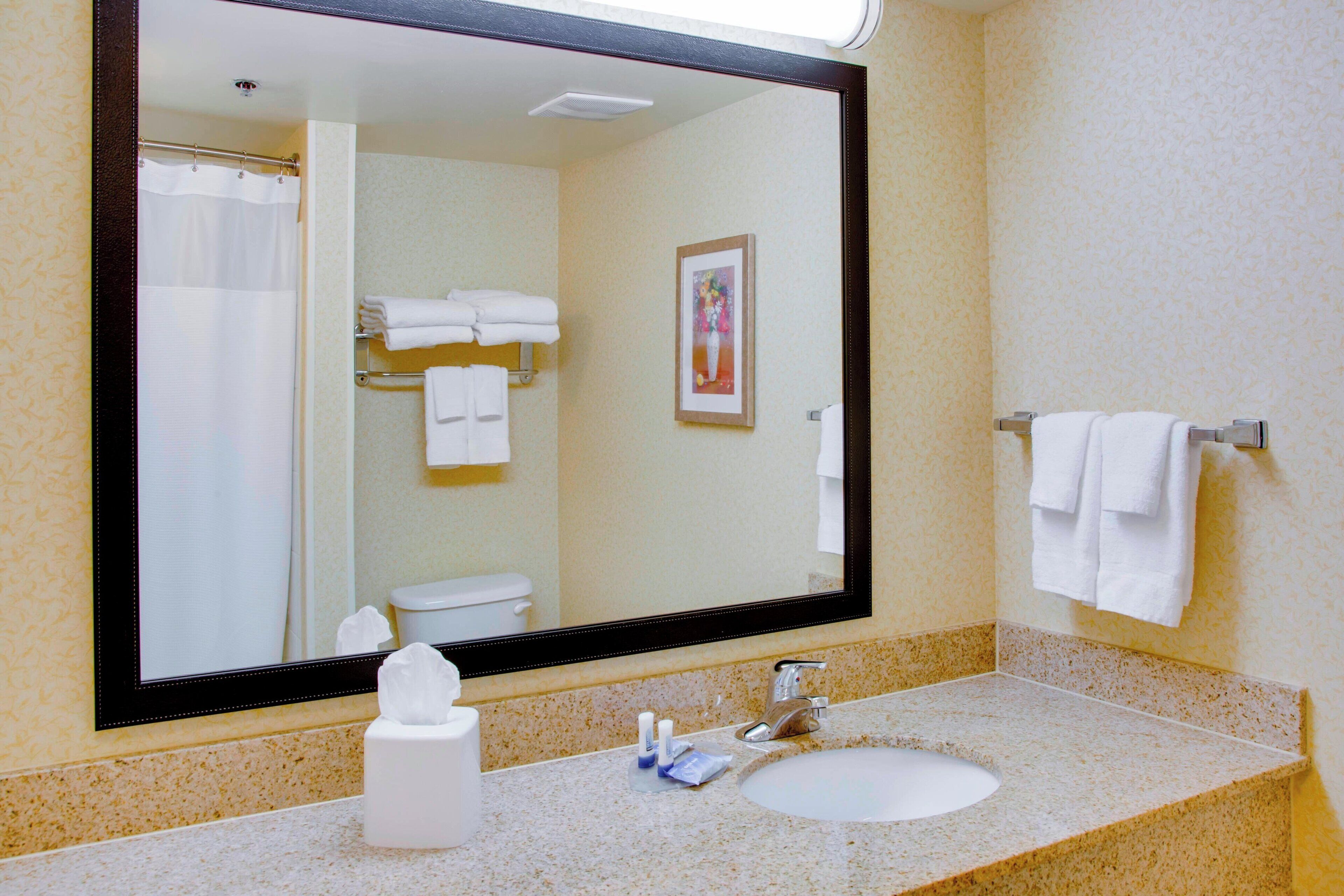 combined shower/bathtub, rainfall showerhead, free toiletries