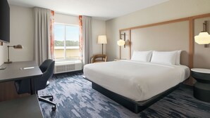 Una habitación de hotel con cama, escritorio, silla y vistas al exterior.