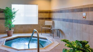 Un área de spa con un jacuzzi, una planta en maceta y una silla.