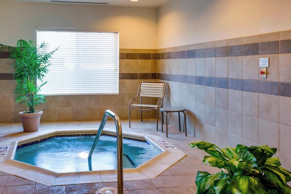Un área de spa con un jacuzzi, una planta en maceta y una silla.
