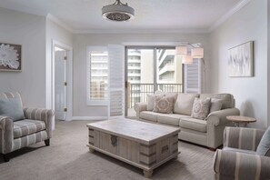 Three bedroom condo oceanview | Living area | 32-inch LCD TV with cable channels, TV, pay movies - Royale Palms Condominiums (Myrtle Beach)