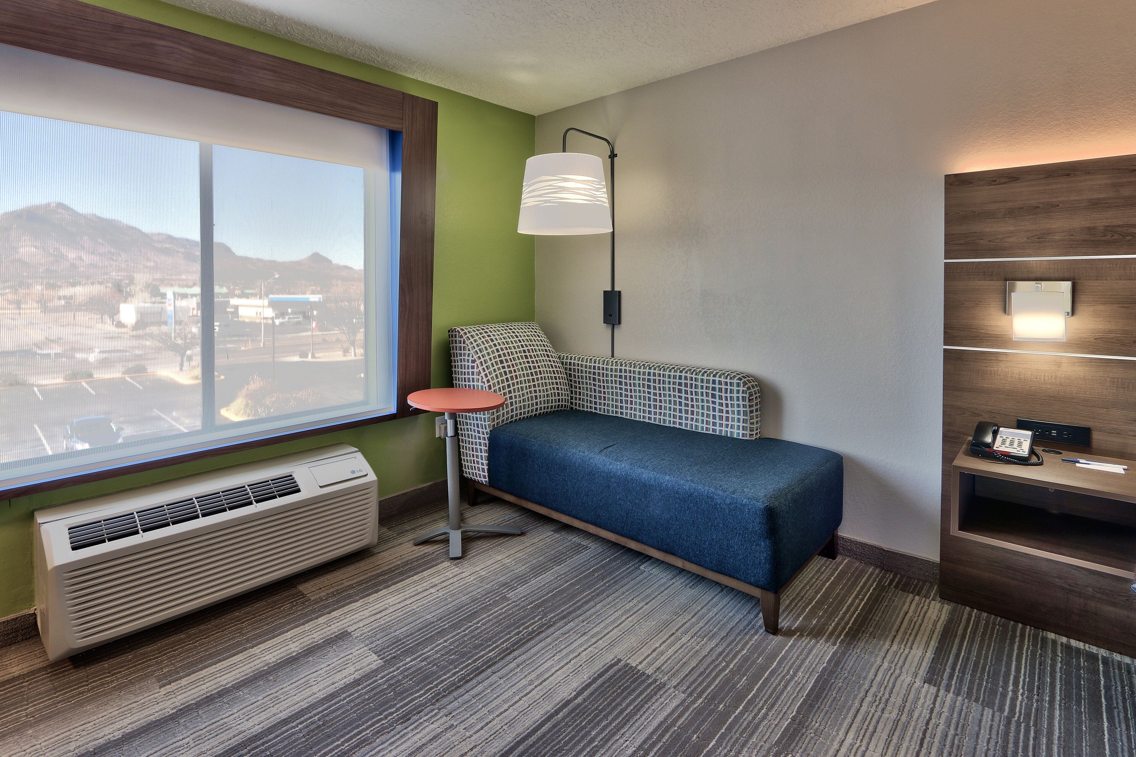 1 bedroom, desk, laptop workspace, blackout curtains