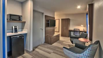 Desk, laptop workspace, blackout curtains, iron/ironing board
