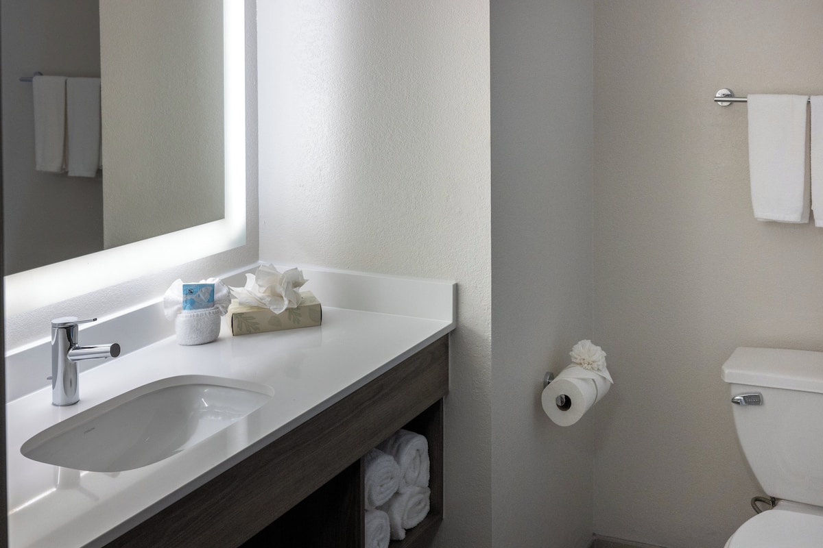 Ein Badezimmer mit einem weißen Waschbecken, einem Spiegel, einer Toilette und einem Handtuchhalter.