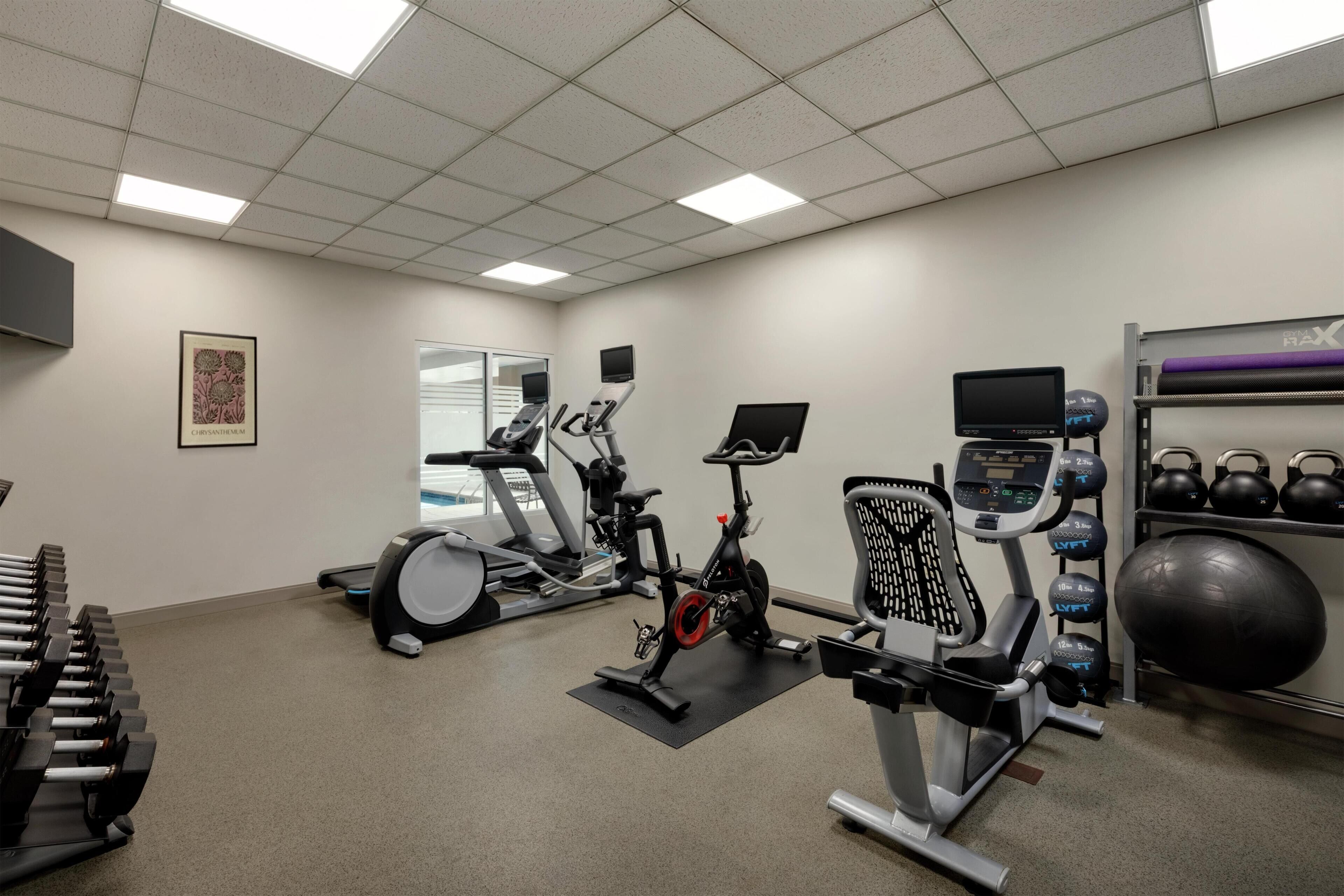 Une salle de sport équipée de tapis de course, de vélos d’appartement, d’un rameur, de poids libres et de ballons d’exercice.