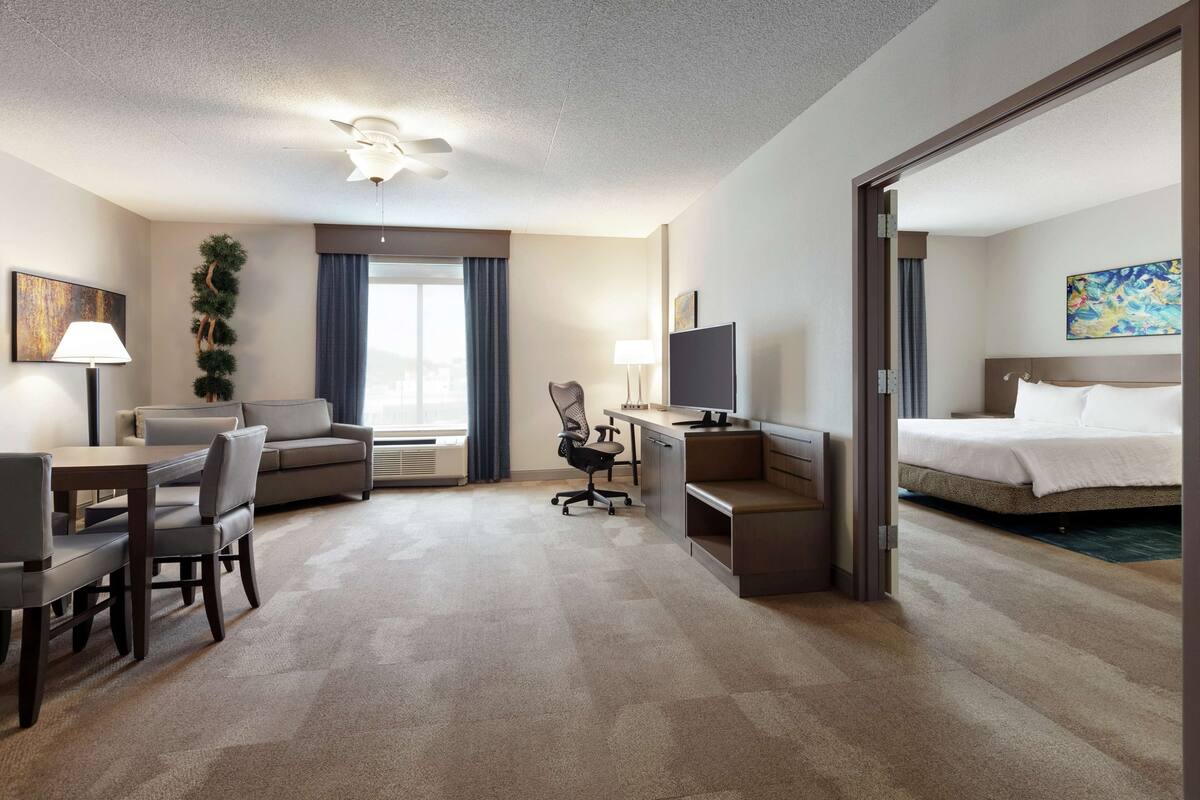 Une chambre d’hôtel comprenant un lit, un bureau, une chaise, une télévision, une lampe, une fenêtre avec des rideaux et une plante.