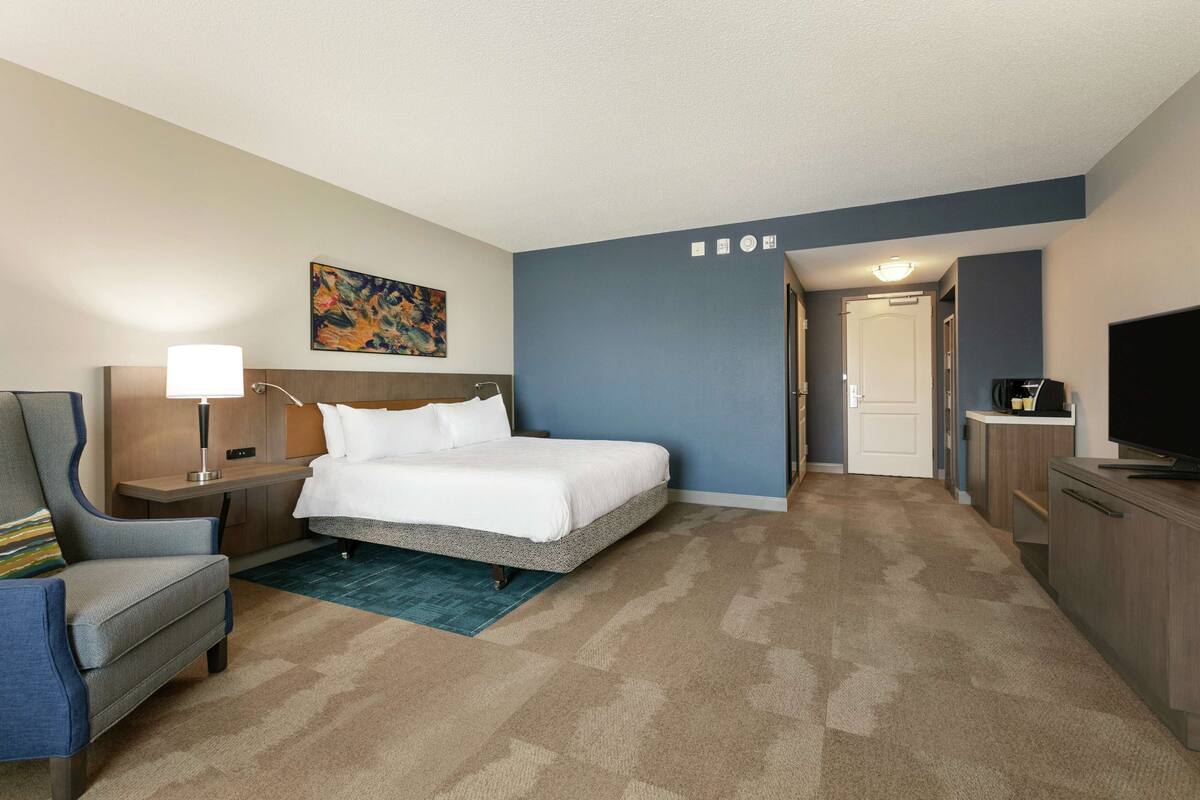 Une chambre d’hôtel avec un lit, un bureau, une chaise, une télévision et un tableau au mur.