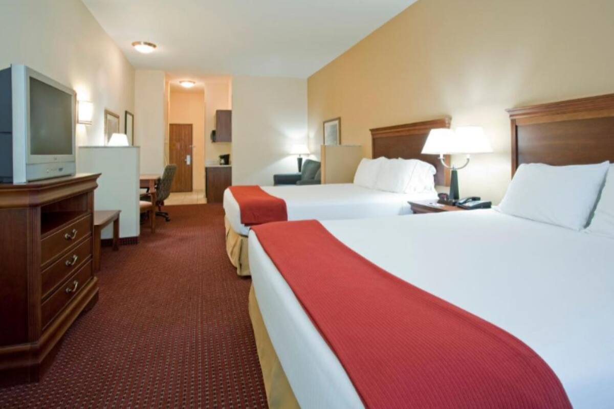 Down comforters, desk, blackout drapes, iron/ironing board