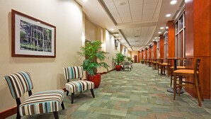 A hotel corridor with striped chairs, potted plants, and a framed picture on the wall. - Holiday Inn Madison at The American Center by IHG (Madison)