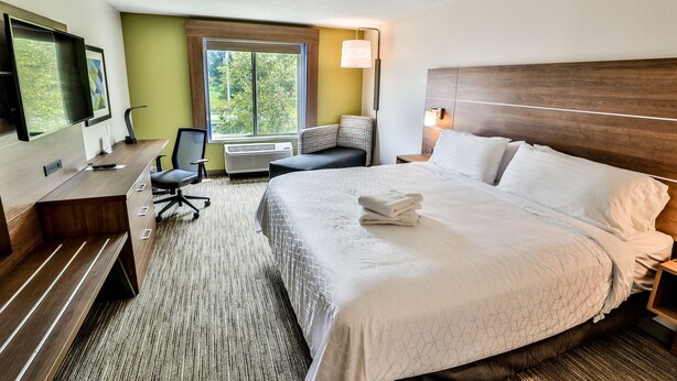 Habitación de hotel con una cama grande, un escritorio con silla, un televisor y una ventana con vistas a árboles.