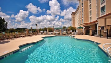 A clear blue pool with lounge chairs and umbrellas, surrounded by a hotel building.