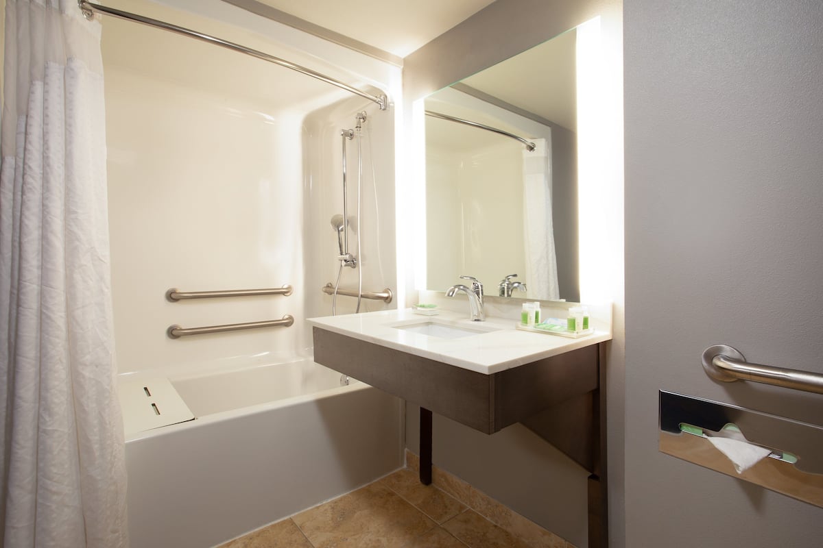 combined shower/bathtub, free toiletries, hair dryer, towels