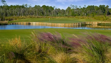 Campo de golf con estanque, puente de madera y árboles circundantes.