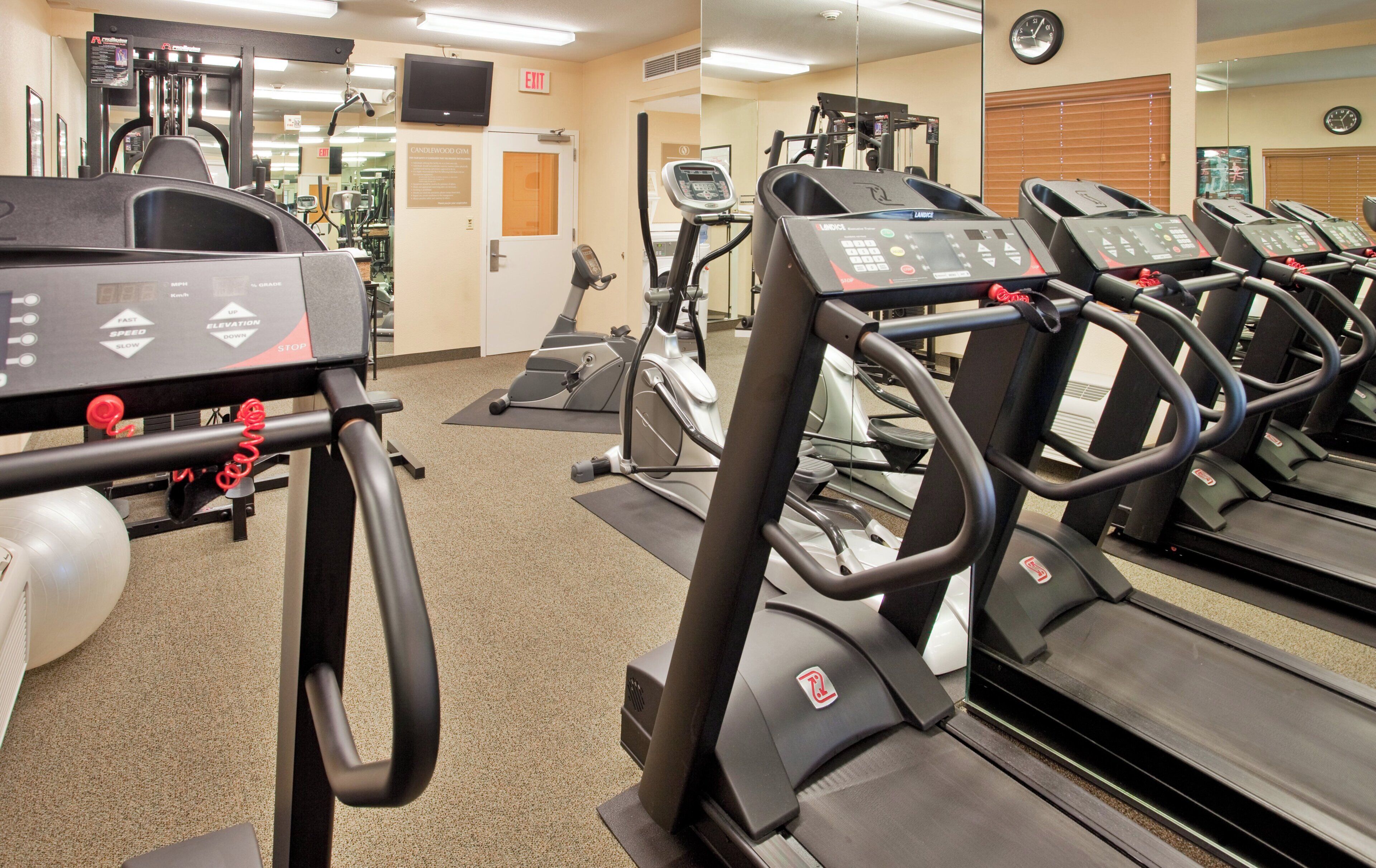 A gym with multiple treadmills, exercise bikes, and a weight machine.