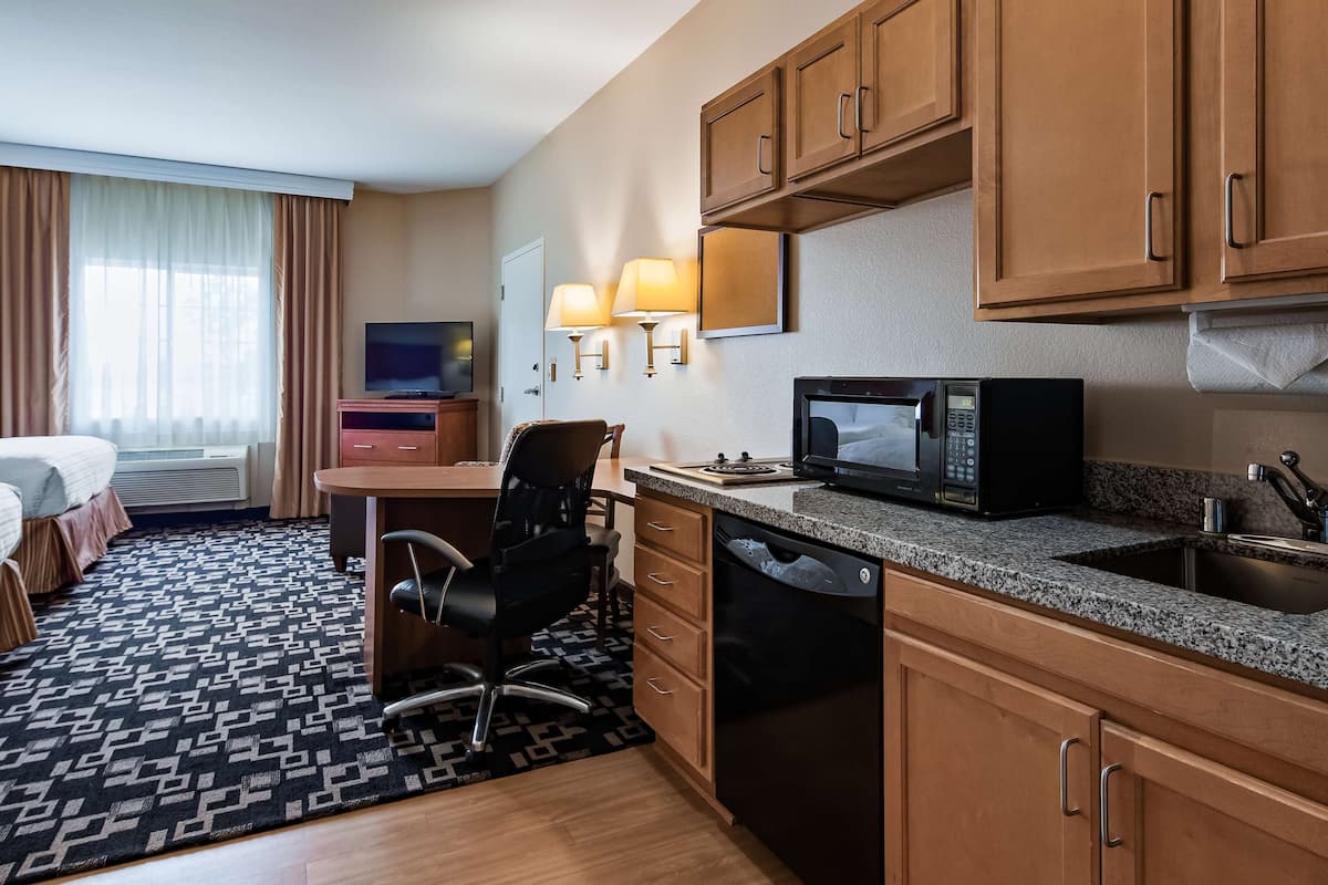 standard room, 2 queen beds, accessible, kitchenette | desk, laptop workspace, blackout curtains, iron/ironing board